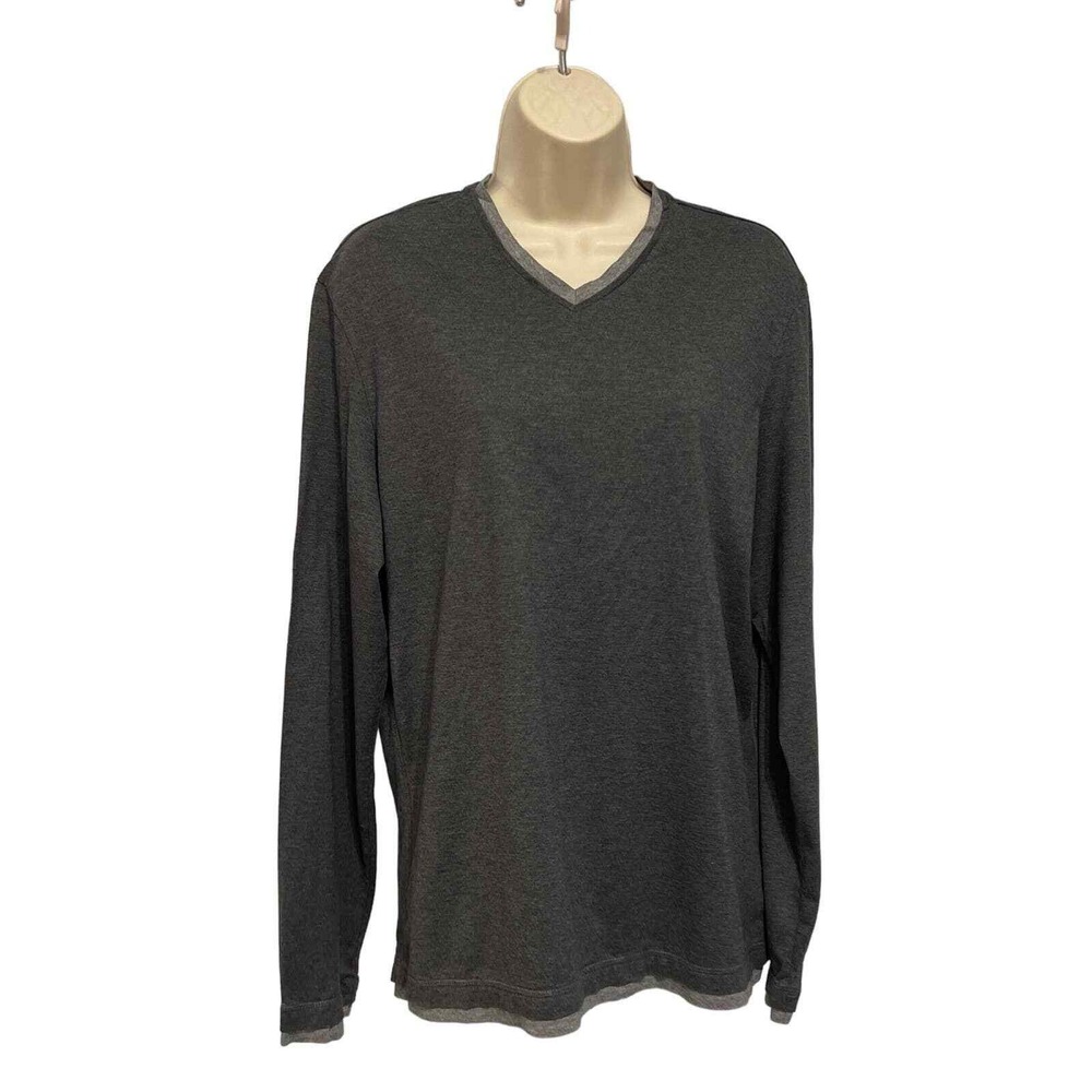 Murano Mens Slim Fit Long Sleeve V-Neck Cotton T-Shirt Charcoal Gray Large